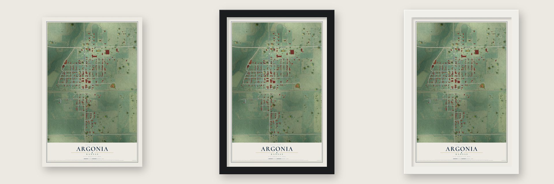 Argonia, Kansas map unframed, in a black wood frame and in a white wood frame