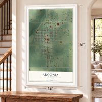 Argonia, Kansas map, 24 x 36 inch print in a white frame by a staircase