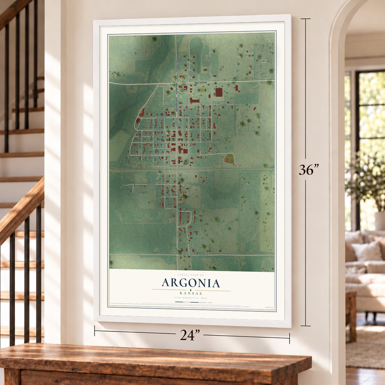 Argonia, Kansas map, 24 x 36 inch print in a white frame by a staircase