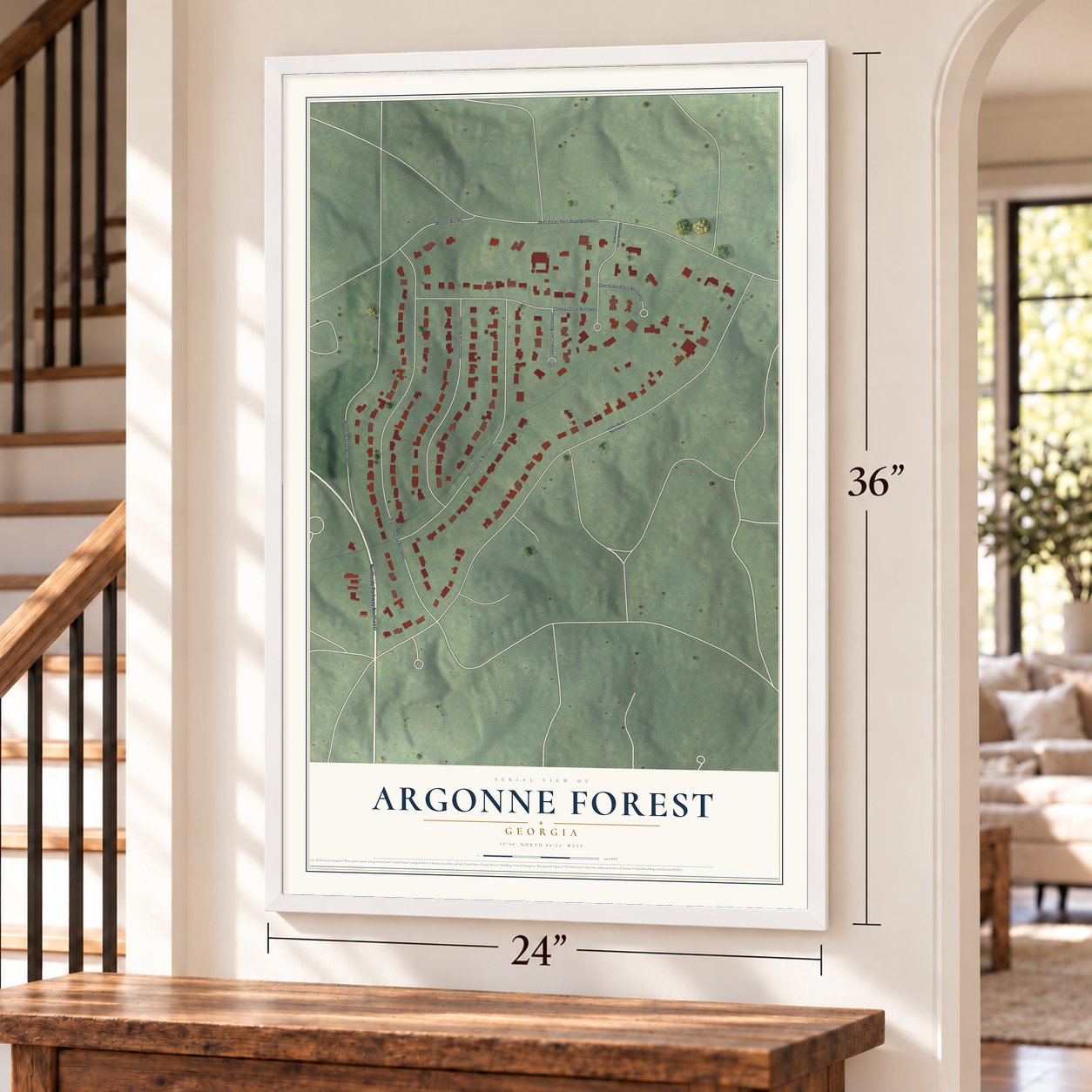 Argonne Forest, Georgia map, 24 x 36 inch print in a white frame by a staircase