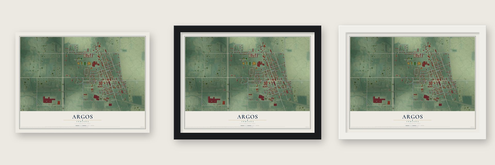 Argos, Indiana map unframed, in a black wood frame and in a white wood frame