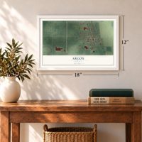 Argos, Indiana map, 12 x 18 inch print in a white frame in an entryway