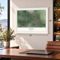Argos, Indiana map, 18 x 24 inch print in a white frame in a home office