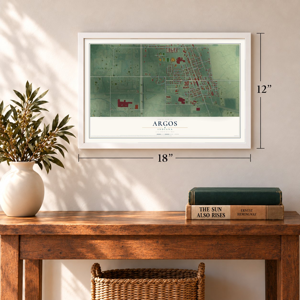 Argos, Indiana map, 12 x 18 inch print in a white frame in an entryway