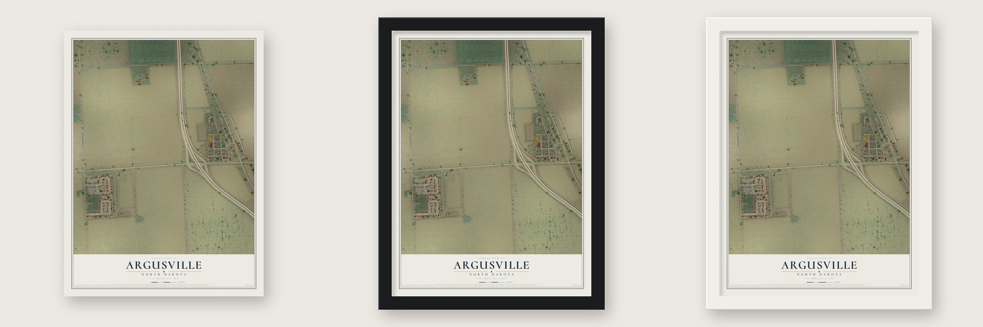 Argusville, North Dakota map unframed, in a black wood frame and in a white wood frame