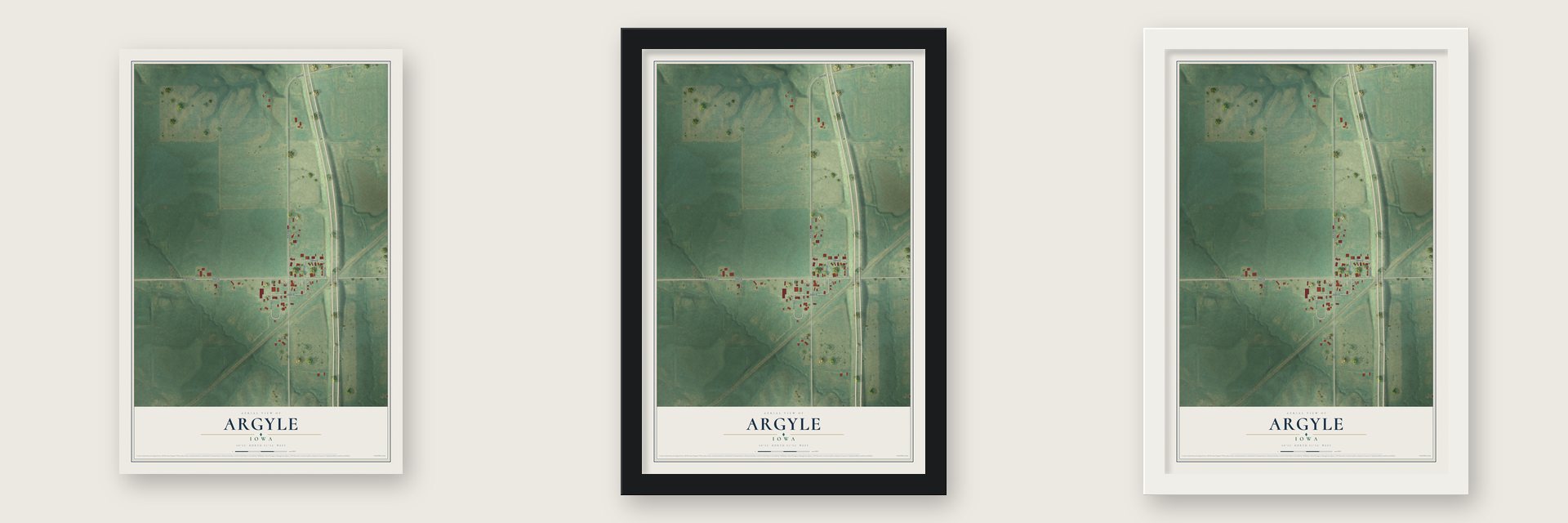 Argyle, Iowa map unframed, in a black wood frame and in a white wood frame