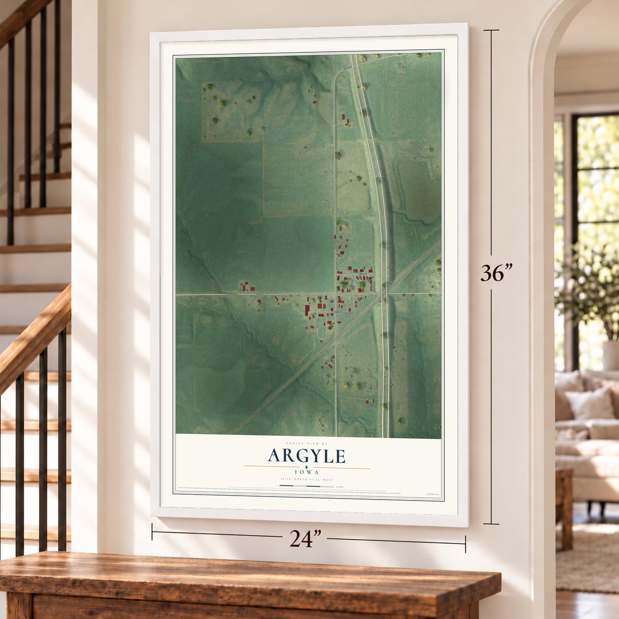 Argyle, Iowa map, 24 x 36 inch print in a white frame by a staircase