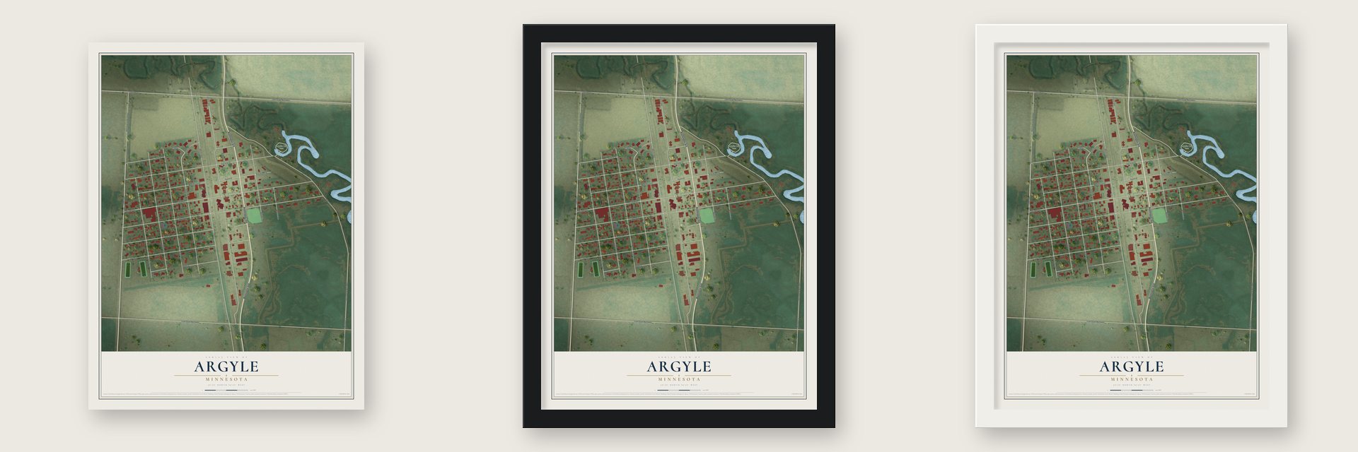 Argyle, Minnesota map unframed, in a black wood frame and in a white wood frame