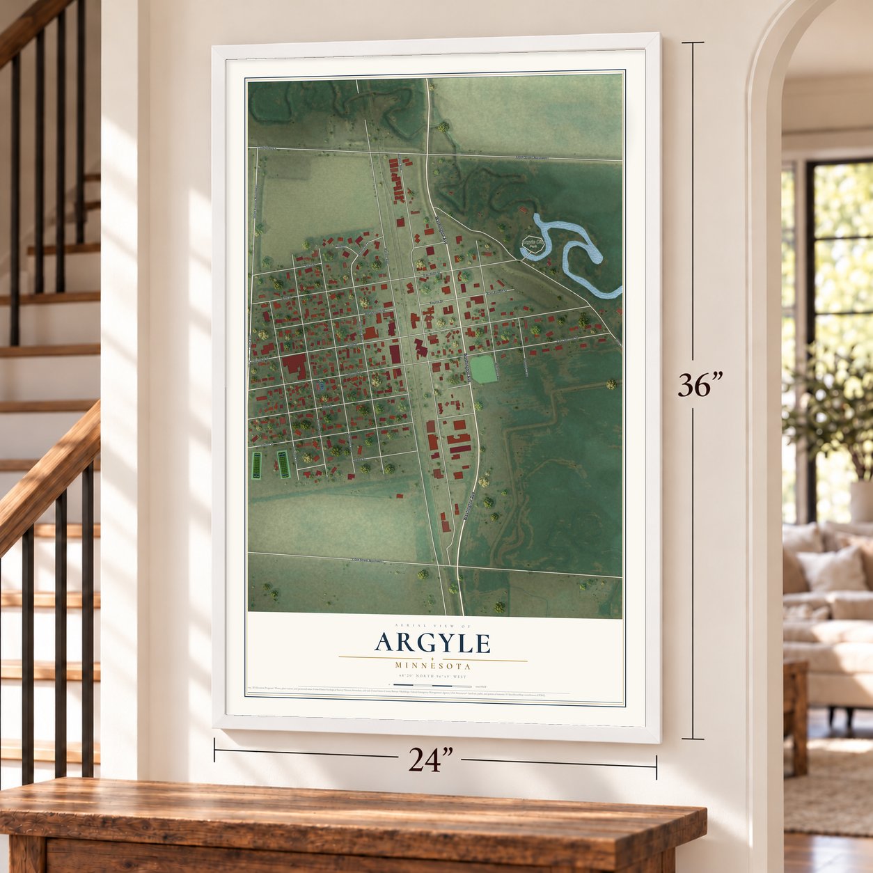Argyle, Minnesota map, 24 x 36 inch print in a white frame by a staircase