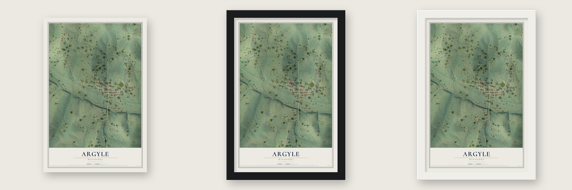 Argyle, Missouri map unframed, in a black wood frame and in a white wood frame