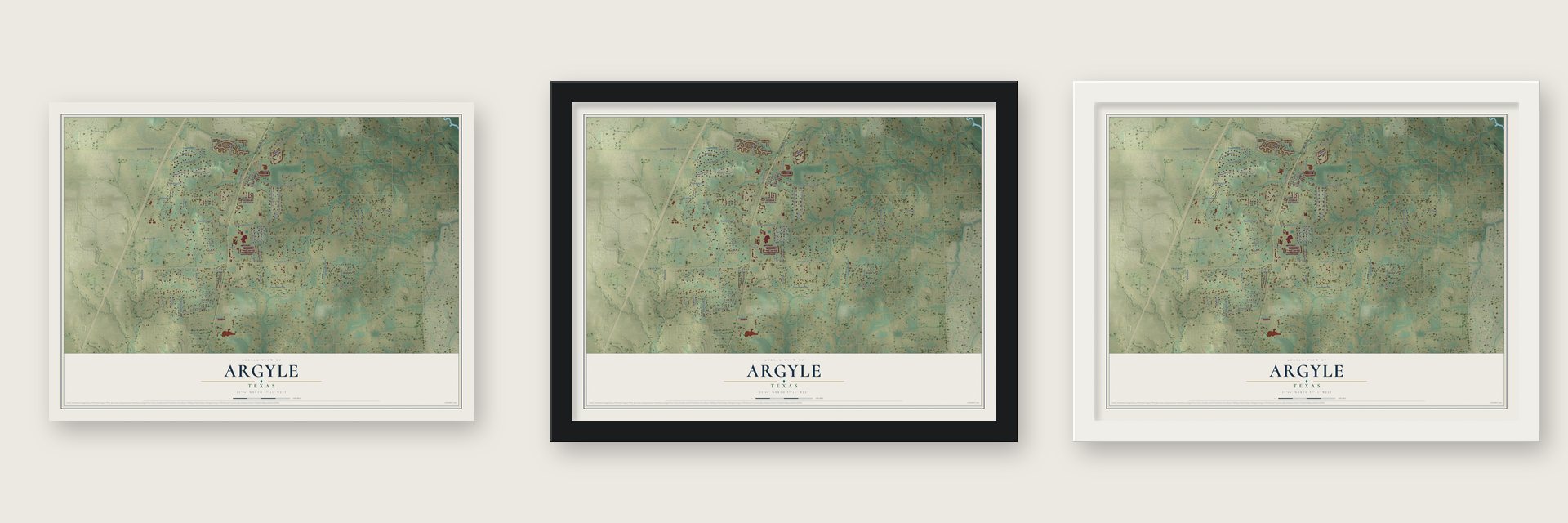 Argyle, Texas map unframed, in a black wood frame and in a white wood frame