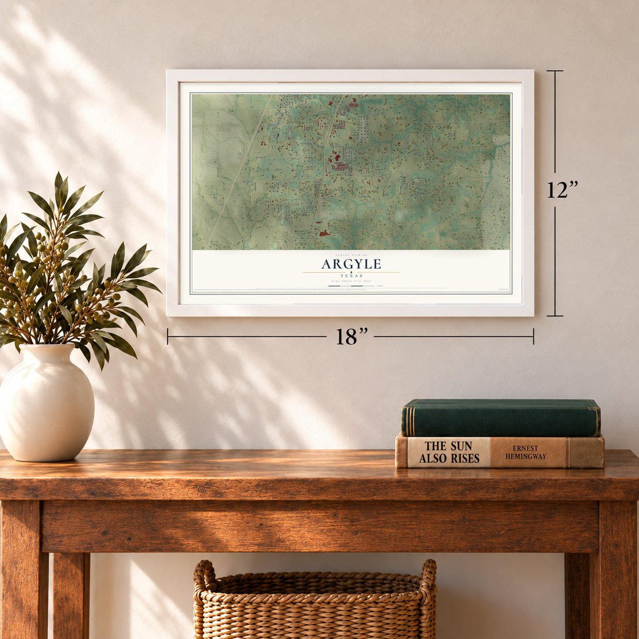 Argyle, Texas map, 12 x 18 inch print in a white frame in an entryway
