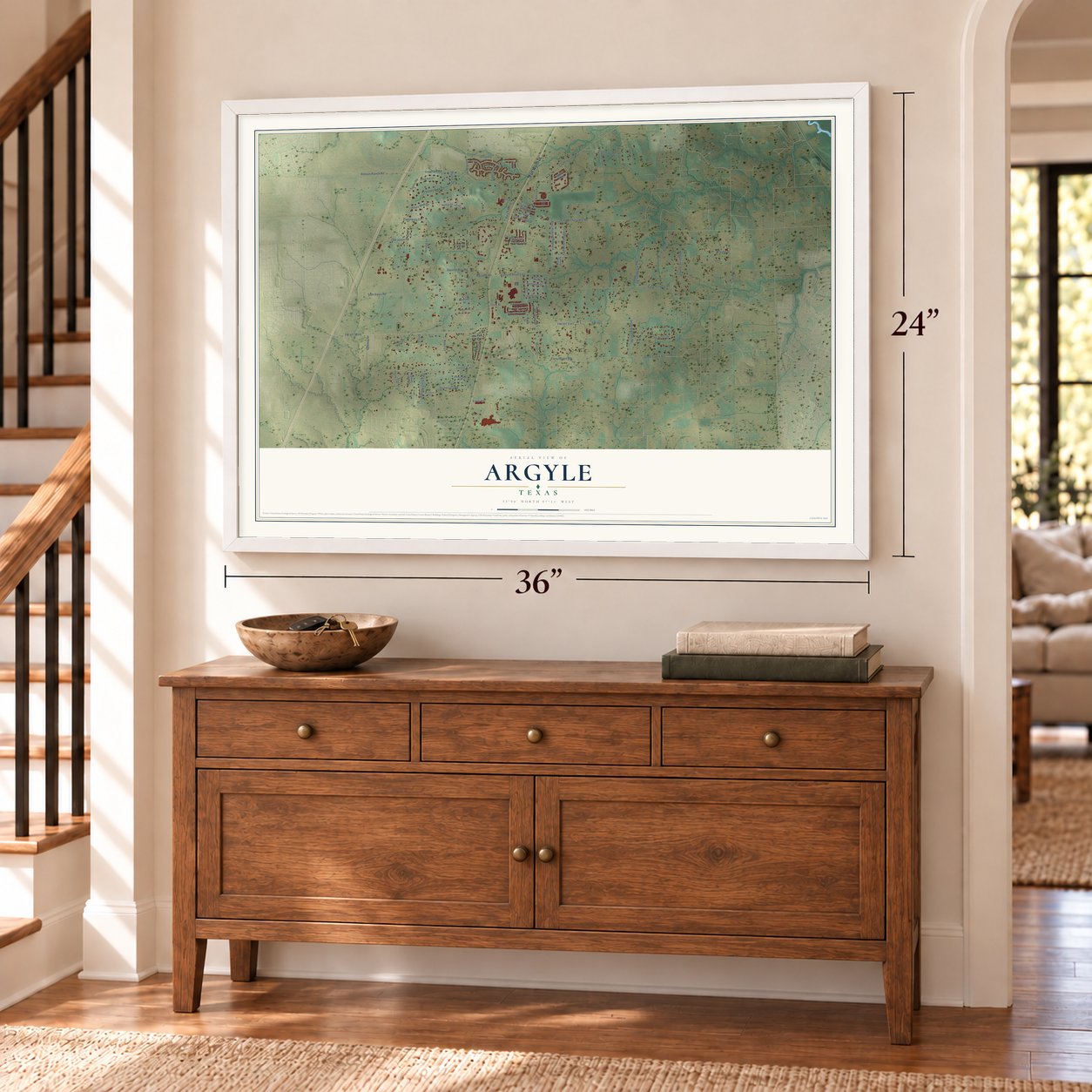 Argyle, Texas map, 24 x 36 inch print in a white frame above a dresser by a staircase