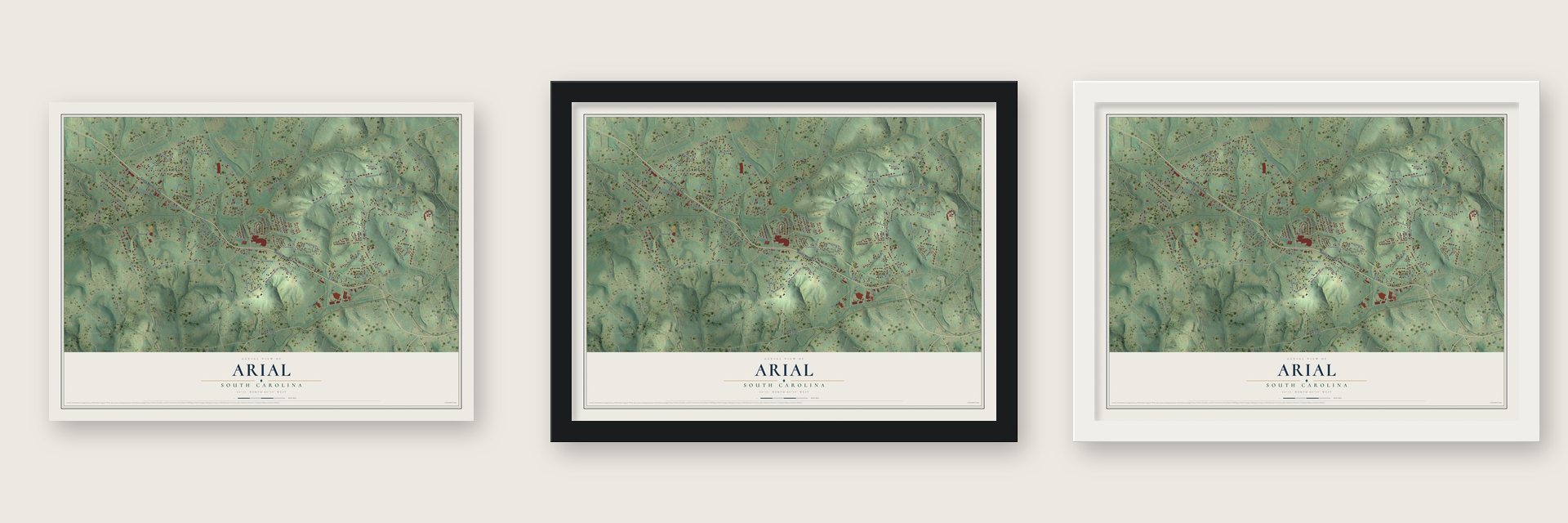 Arial, South Carolina map unframed, in a black wood frame and in a white wood frame