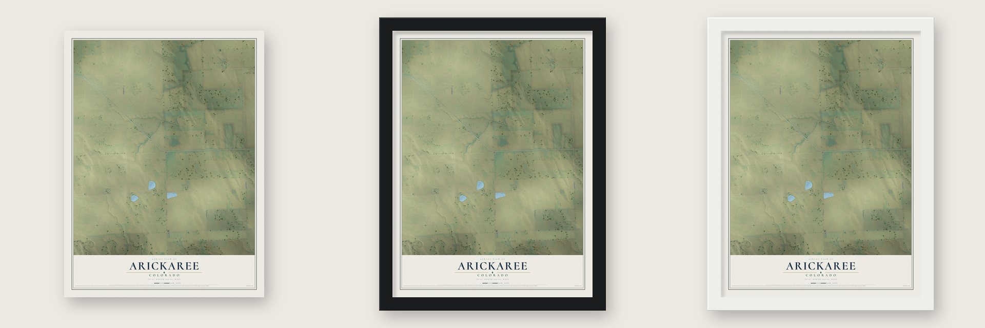 Arickaree, Colorado map unframed, in a black wood frame and in a white wood frame