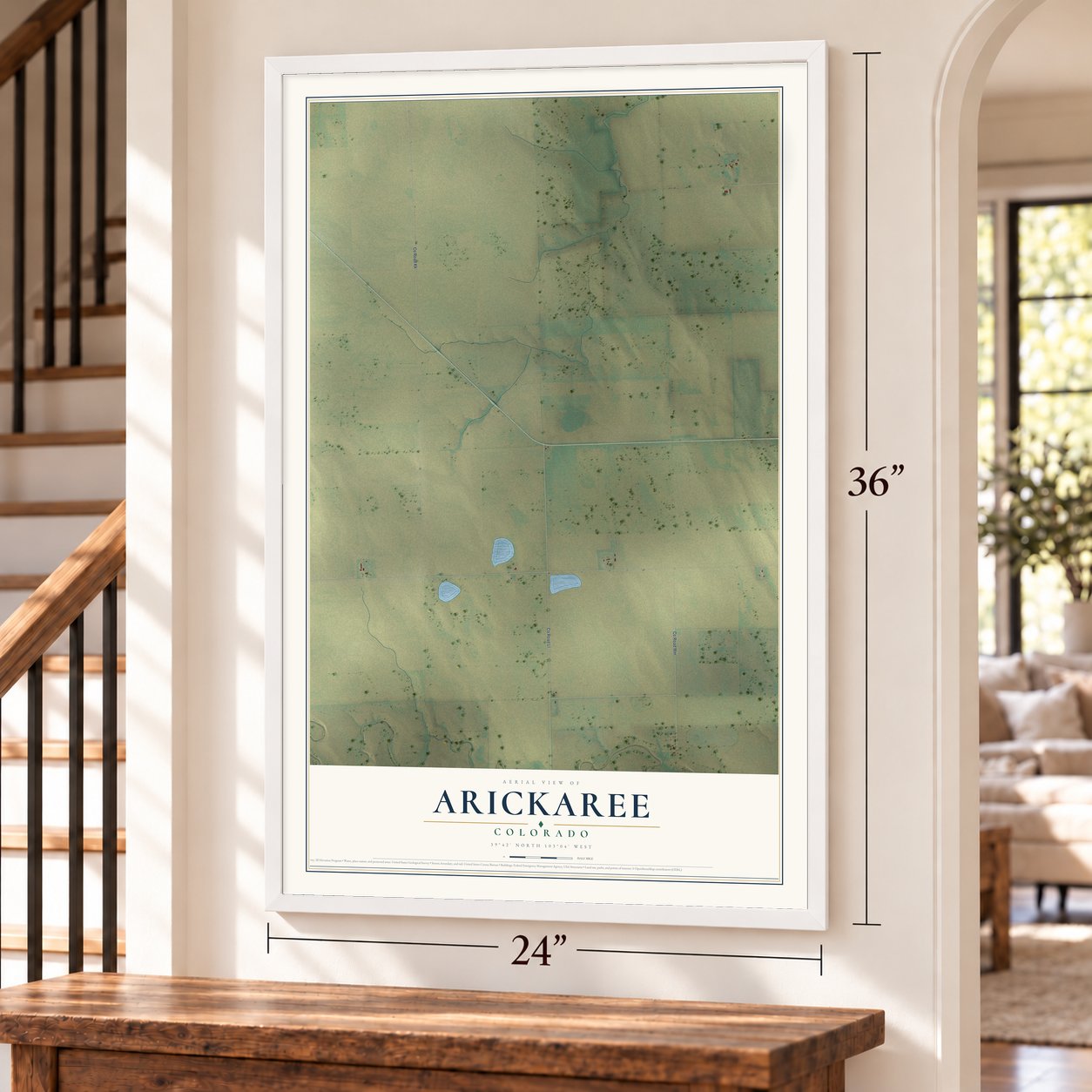 Arickaree, Colorado map, 24 x 36 inch print in a white frame by a staircase