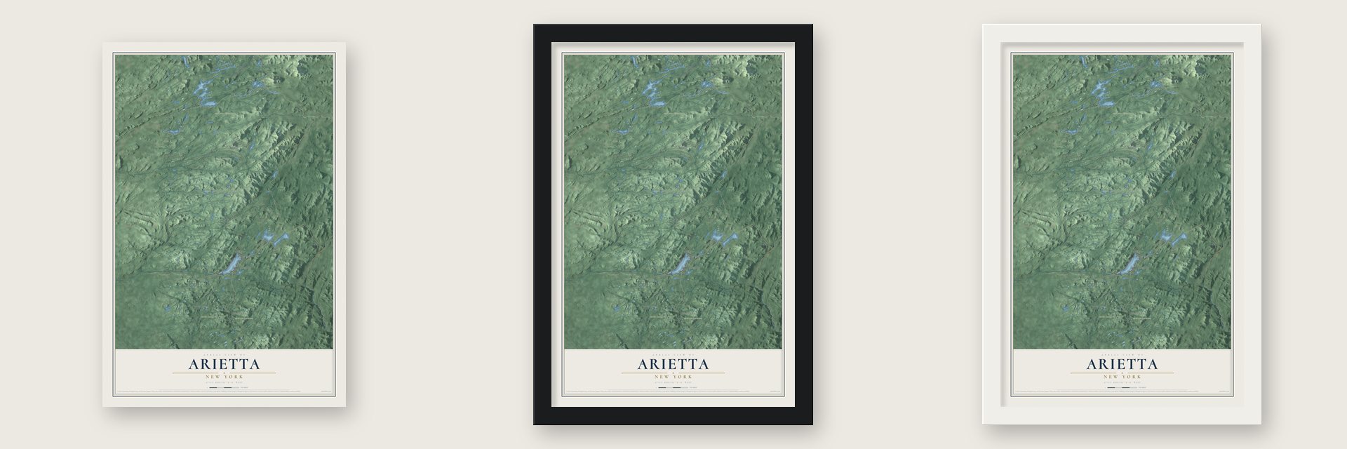 Arietta, New York map unframed, in a black wood frame and in a white wood frame