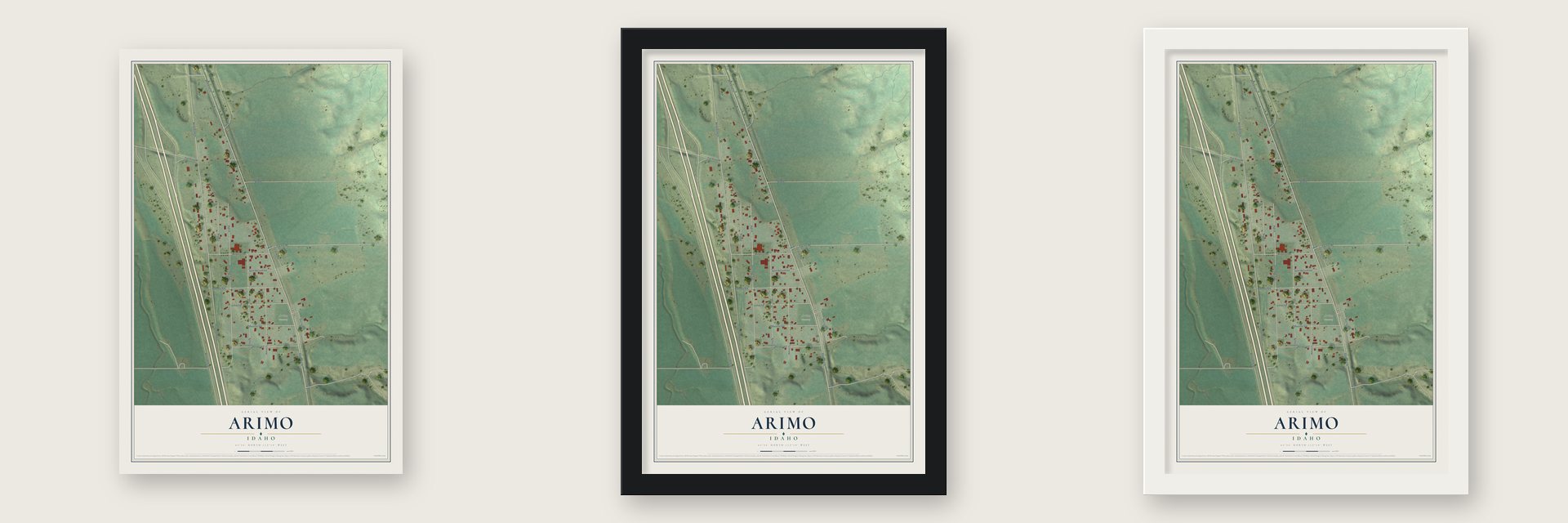 Arimo, Idaho map unframed, in a black wood frame and in a white wood frame