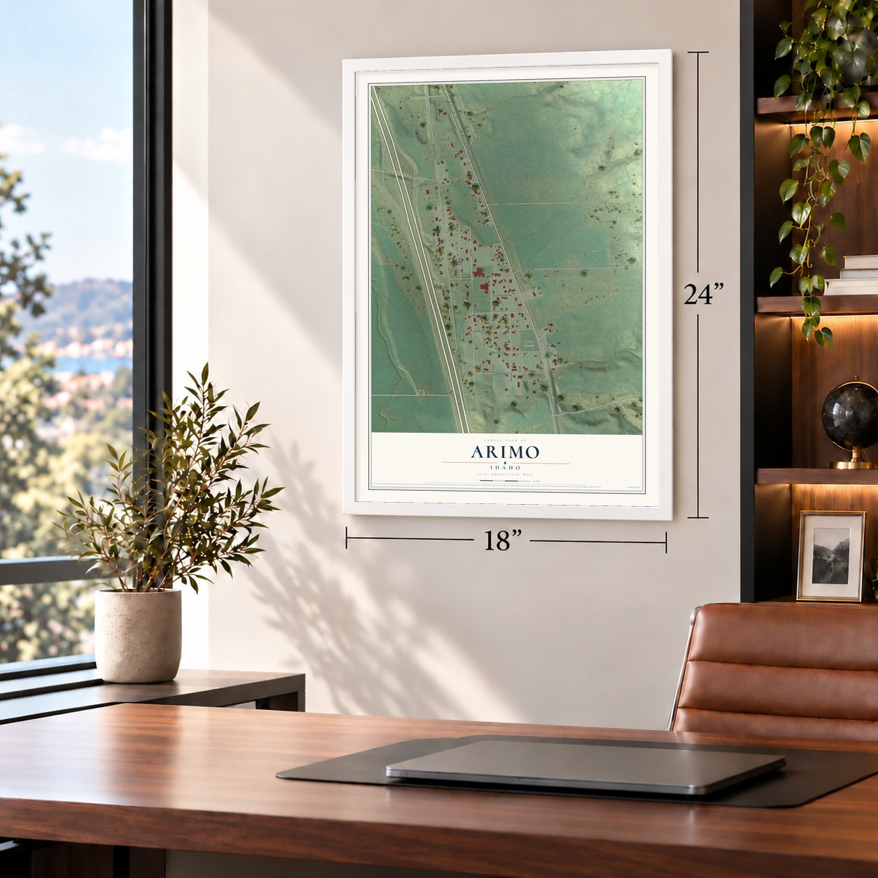 Arimo, Idaho map, 18 x 24 inch print in a white frame in a home office