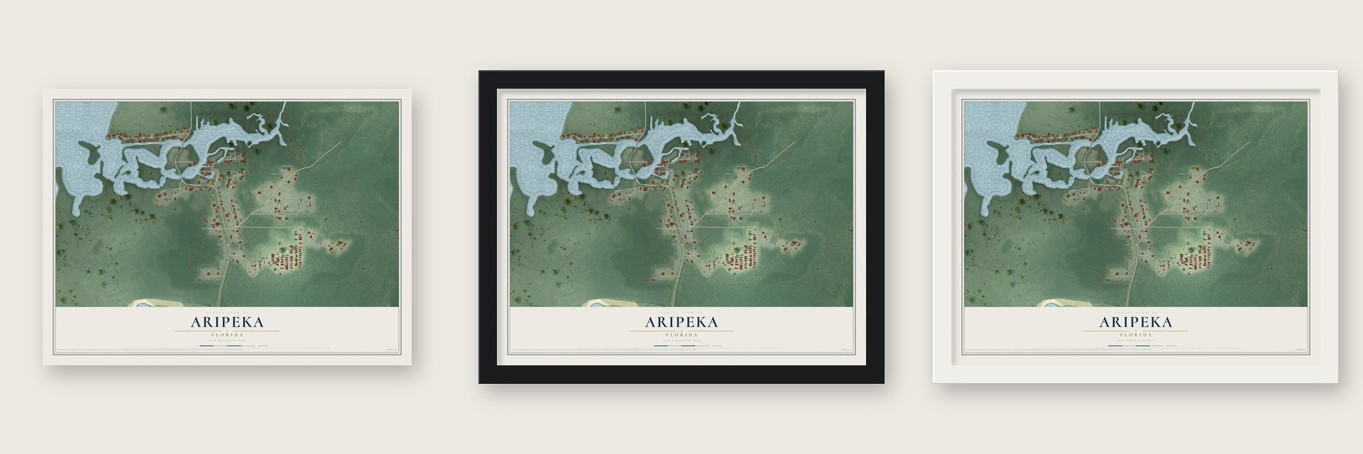 Aripeka, Florida map unframed, in a black wood frame and in a white wood frame