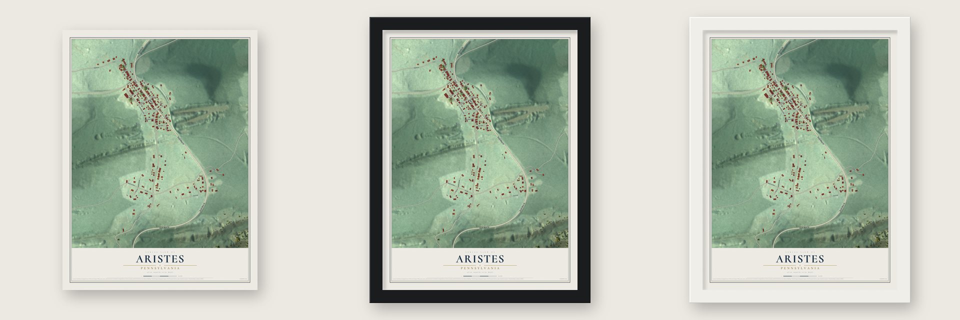 Aristes, Pennsylvania map unframed, in a black wood frame and in a white wood frame