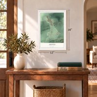 Aristes, Pennsylvania map, 12 x 18 inch print in a white frame in an entryway