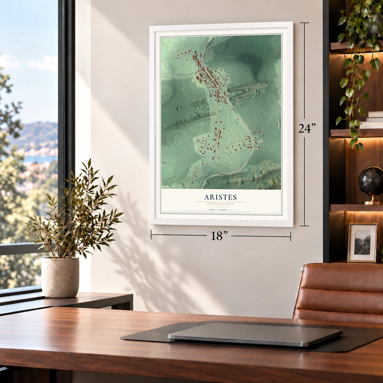 Aristes, Pennsylvania map, 18 x 24 inch print in a white frame in a home office
