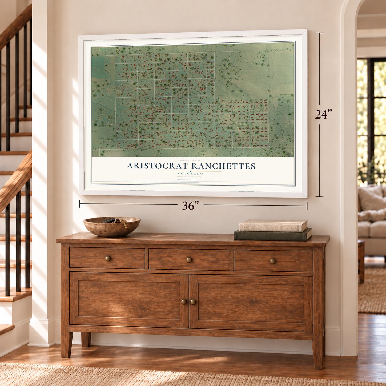 Aristocrat Ranchettes, Colorado map, 24 x 36 inch print in a white frame above a dresser by a staircase
