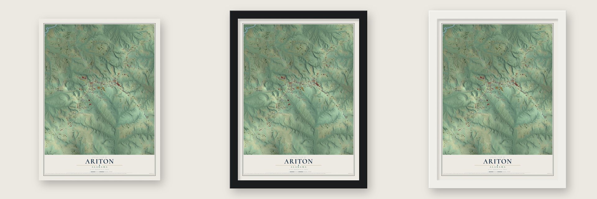 Ariton, Alabama map unframed, in a black wood frame and in a white wood frame