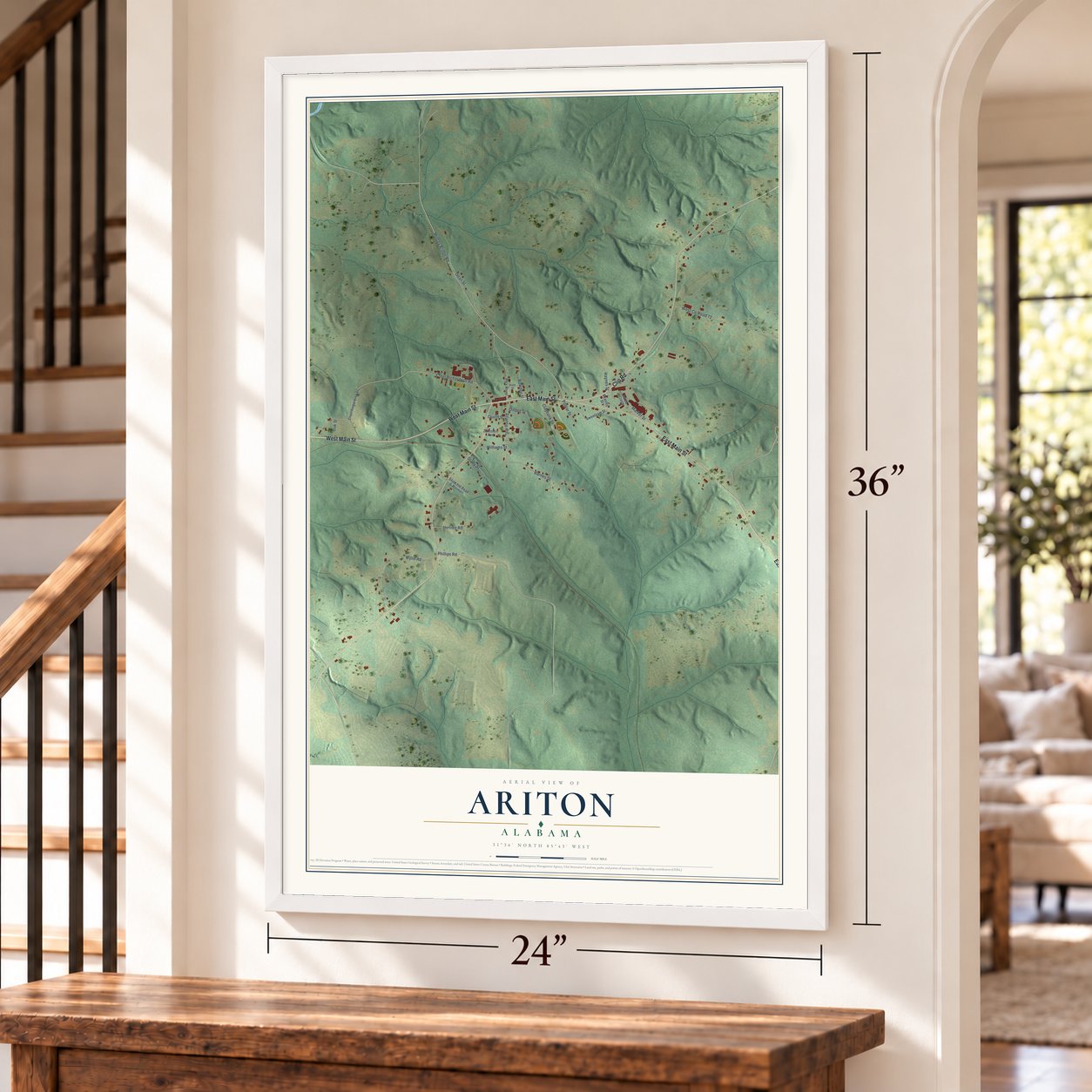 Ariton, Alabama map, 24 x 36 inch print in a white frame by a staircase