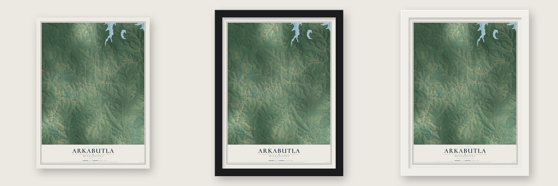 Arkabutla, Mississippi map unframed, in a black wood frame and in a white wood frame