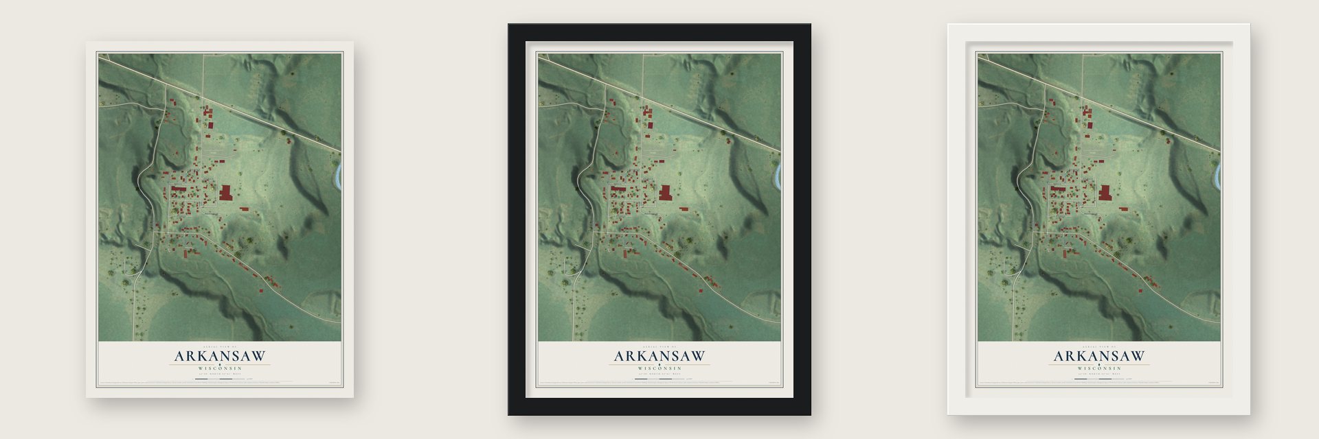 Arkansaw, Wisconsin map unframed, in a black wood frame and in a white wood frame