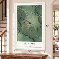 Arkansaw, Wisconsin map, 24 x 36 inch print in a white frame by a staircase