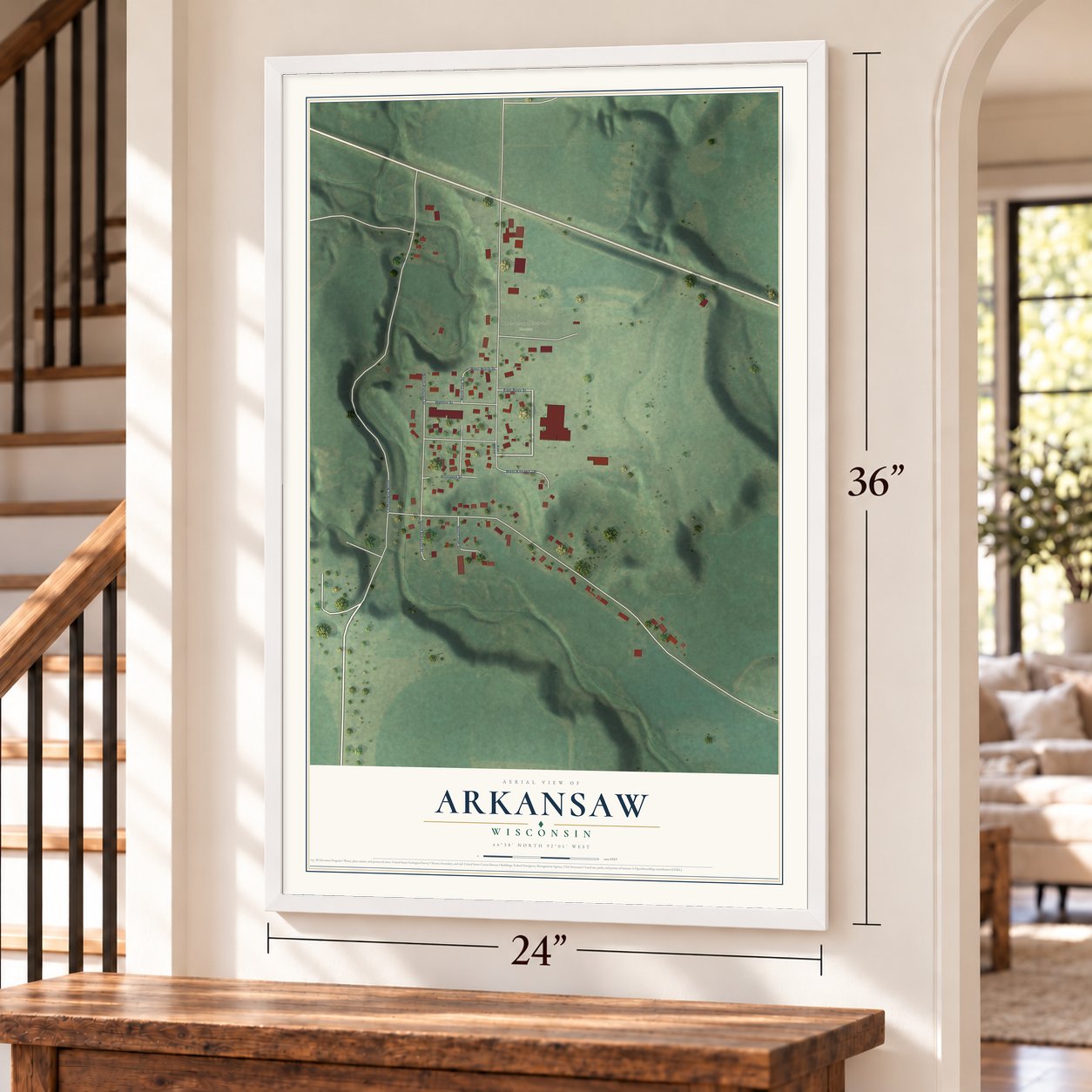 Arkansaw, Wisconsin map, 24 x 36 inch print in a white frame by a staircase