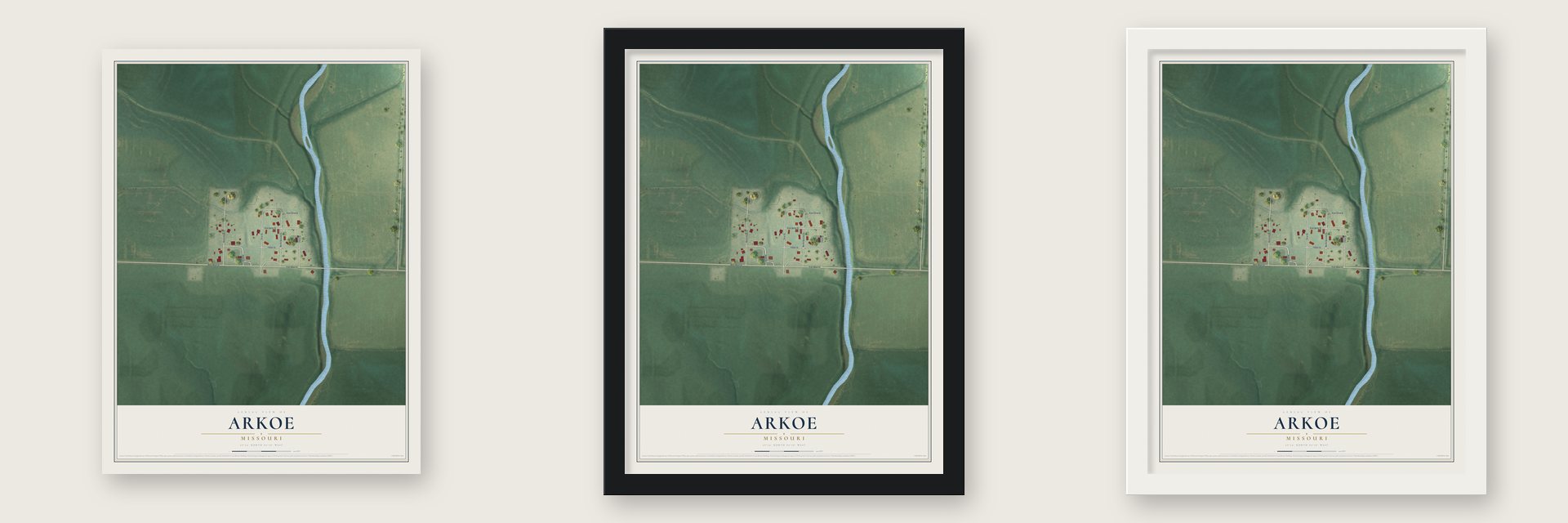Arkoe, Missouri map unframed, in a black wood frame and in a white wood frame