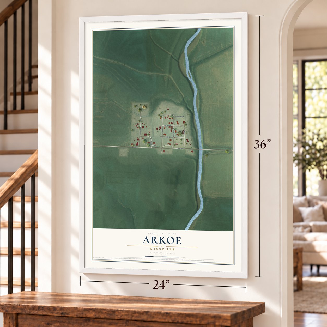Arkoe, Missouri map, 24 x 36 inch print in a white frame by a staircase