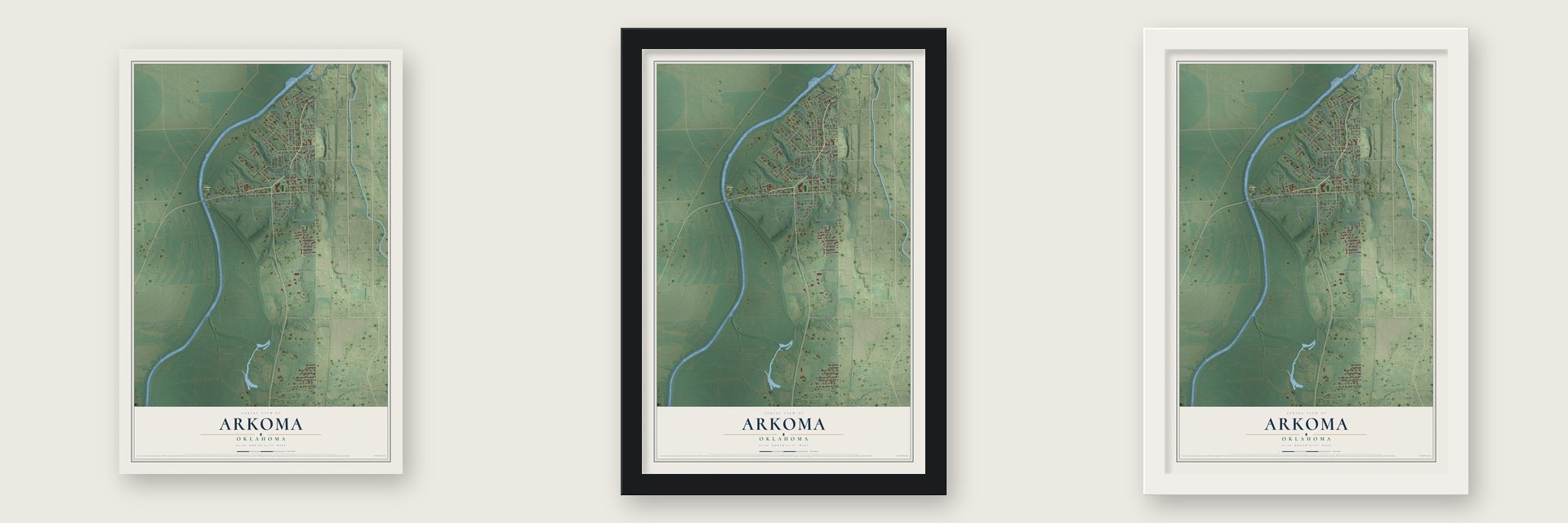 Arkoma, Oklahoma map unframed, in a black wood frame and in a white wood frame