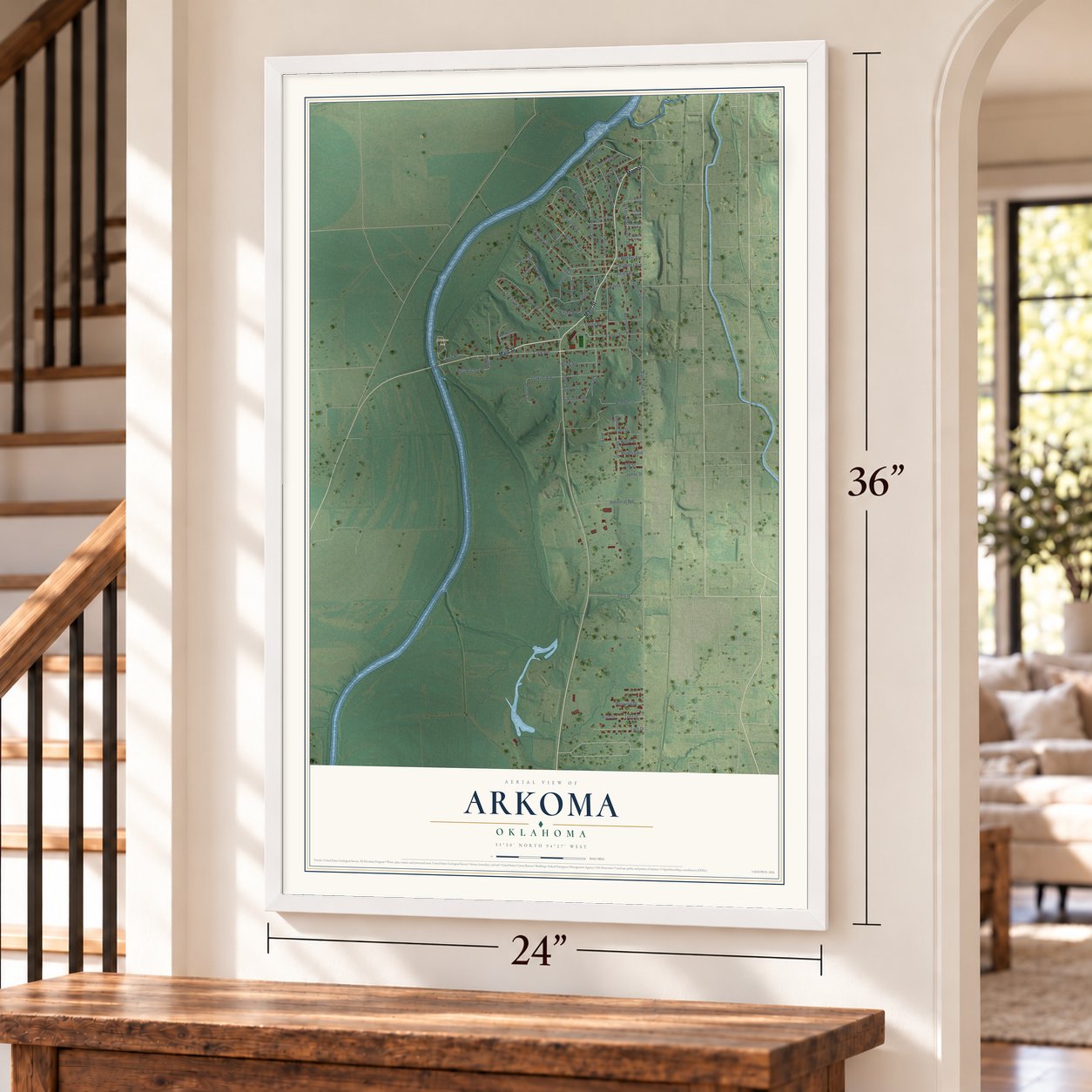 Arkoma, Oklahoma map, 24 x 36 inch print in a white frame by a staircase