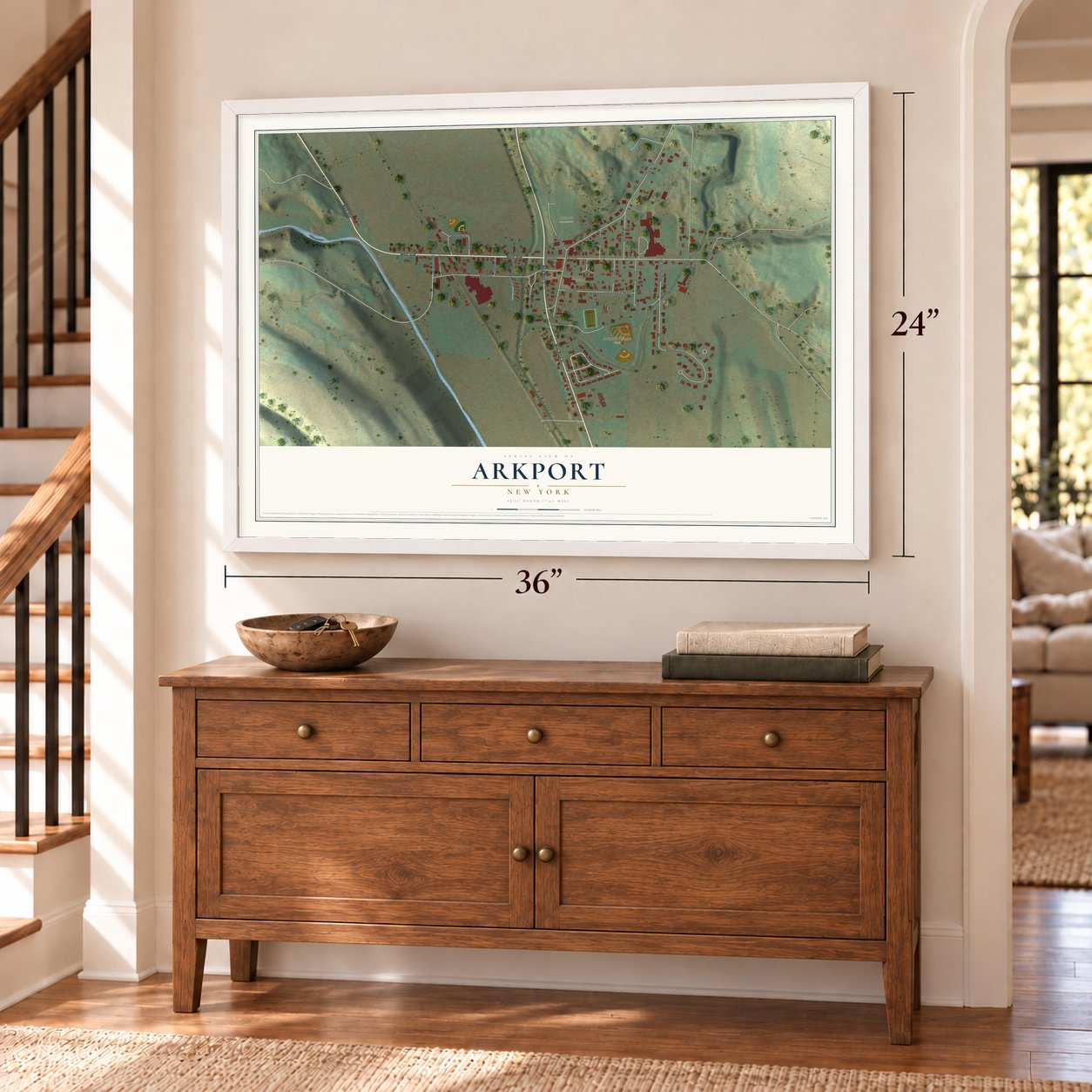 Arkport, New York map, 24 x 36 inch print in a white frame above a dresser by a staircase