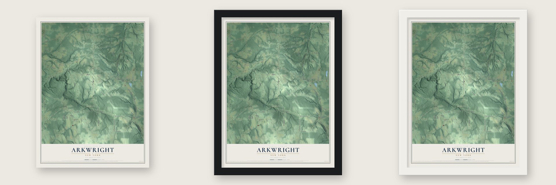 Arkwright, New York map unframed, in a black wood frame and in a white wood frame