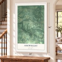 Arkwright, New York map, 24 x 36 inch print in a white frame by a staircase
