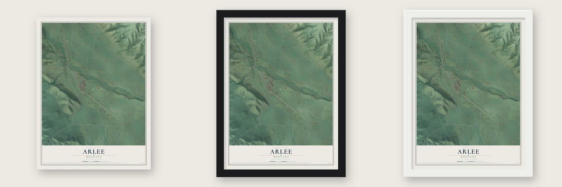Arlee, Montana map unframed, in a black wood frame and in a white wood frame