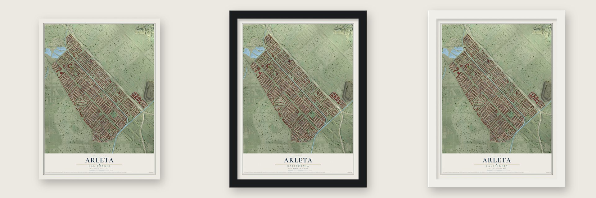 Arleta, California map unframed, in a black wood frame and in a white wood frame