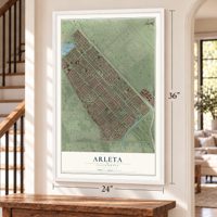 Arleta, California map, 24 x 36 inch print in a white frame by a staircase