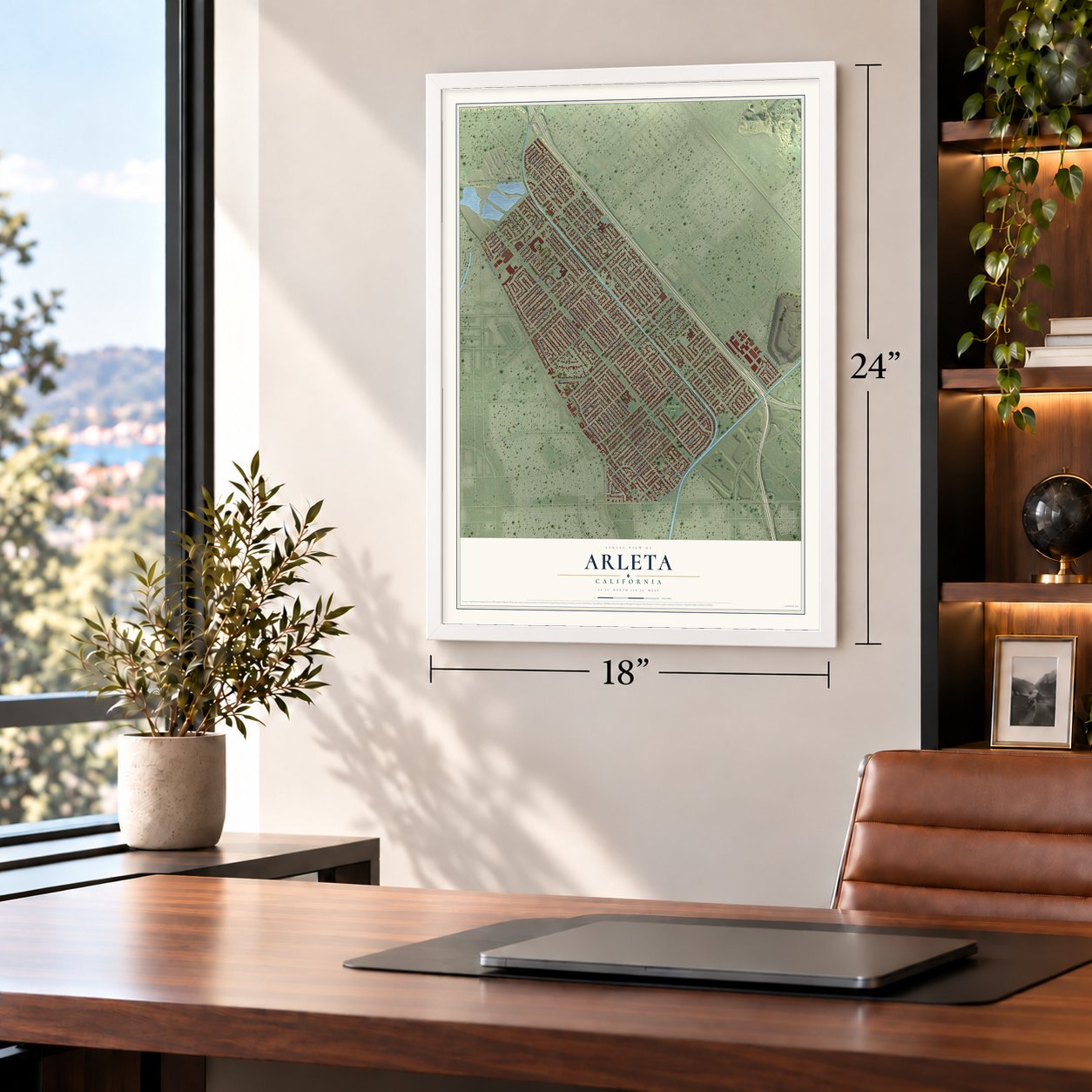 Arleta, California map, 18 x 24 inch print in a white frame in a home office