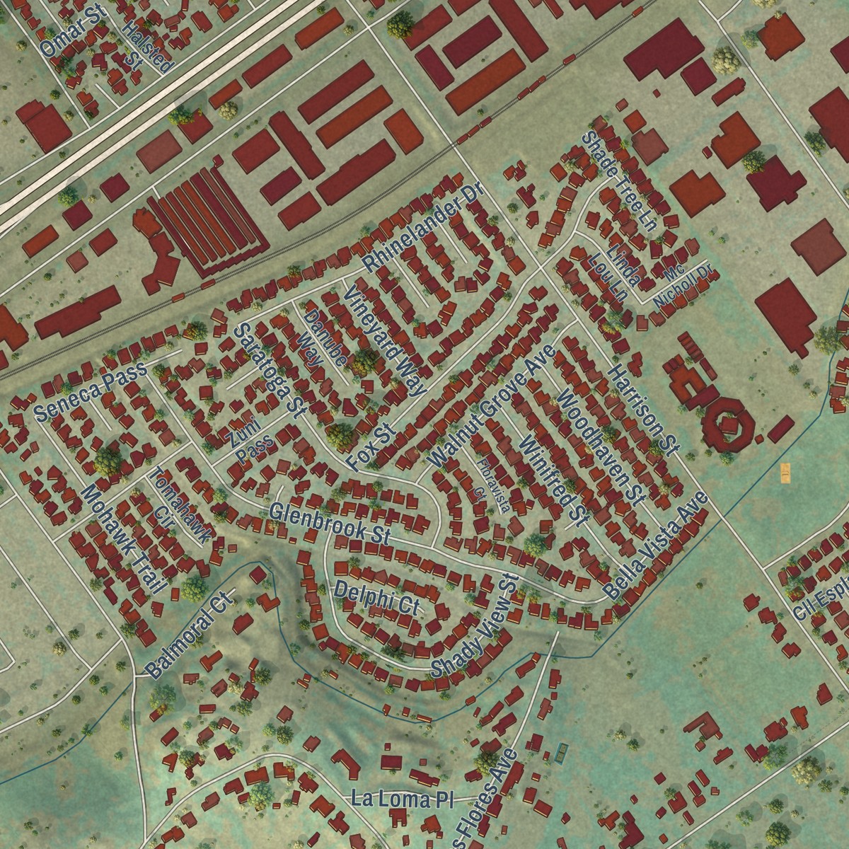 Second close-up of the map of Arlington, California print showing more streets and buildings