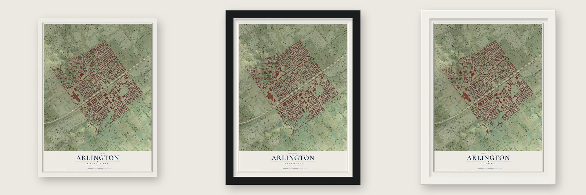 Arlington, California map unframed, in a black wood frame and in a white wood frame