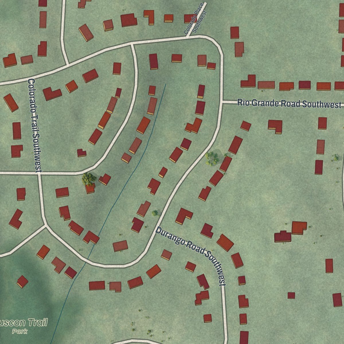 Second close-up of the map of Arlington Estates, Georgia print showing more streets and buildings