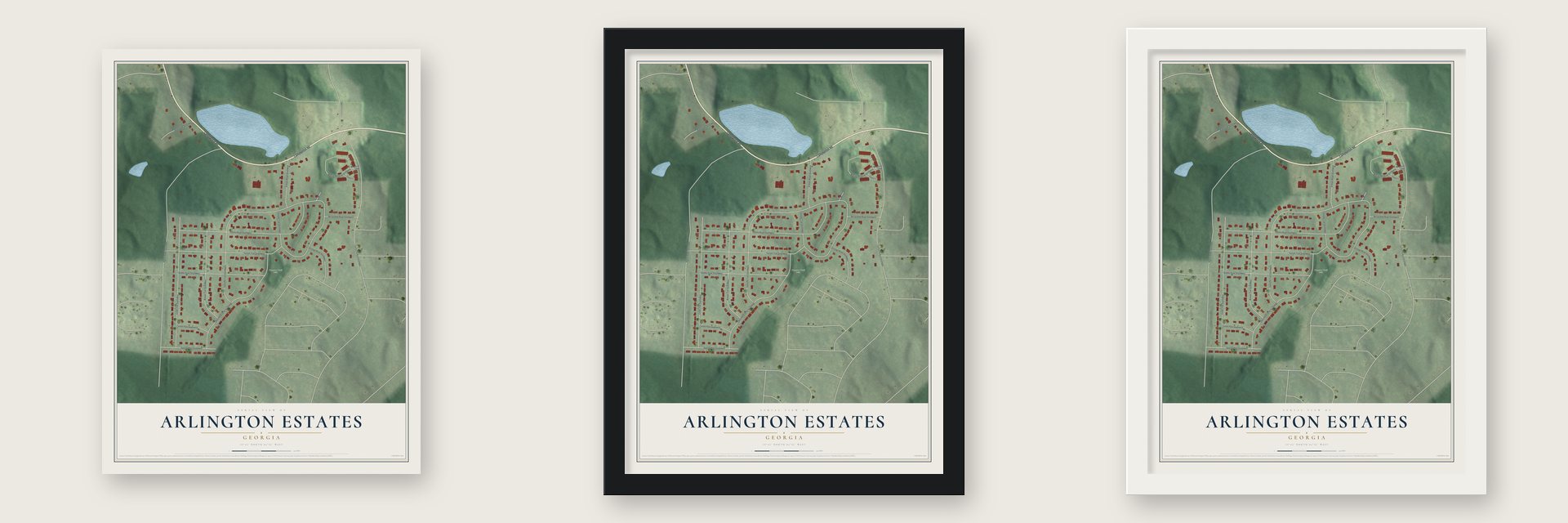 Arlington Estates, Georgia map unframed, in a black wood frame and in a white wood frame