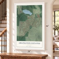 Arlington Estates, Georgia map, 24 x 36 inch print in a white frame by a staircase